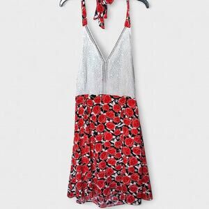 Be You Tiful Red Rose White Knit Crochet Colorblock Halter Dress - Size M